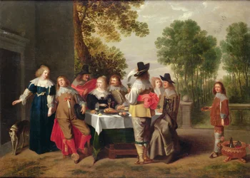 Elegante Gezelschap aan een Tafel in een Formele Tuin